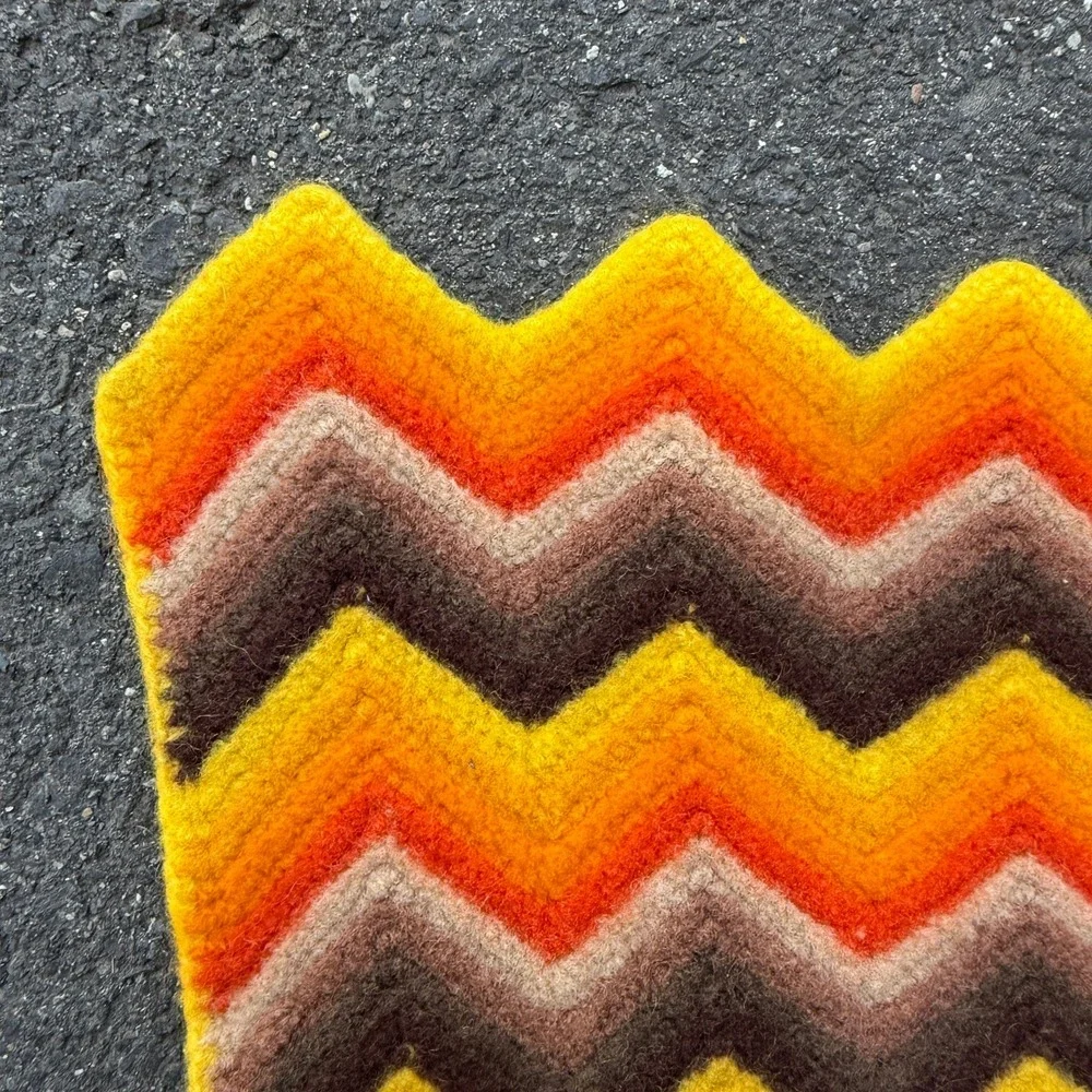 Vintage Handmade Wool Throw Blanket Retro 70s Chevron Stripe Orange Brown 44x32
